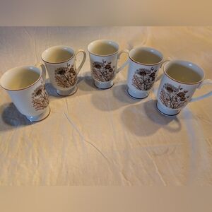 2/60$ Vintage Japan White Ceramic Mugs with Brown Floral Design - Set of 5